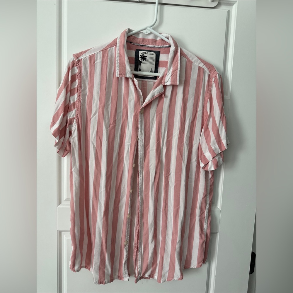 Free Planet Mens Short Sleeve Button Down Shirt Stripe Print Blue Size Large